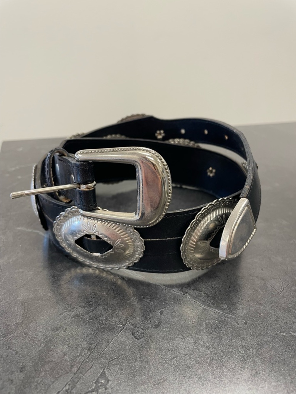 Vintage Black Faux Leather Western Concho Belt with Silver-Tone Hardware